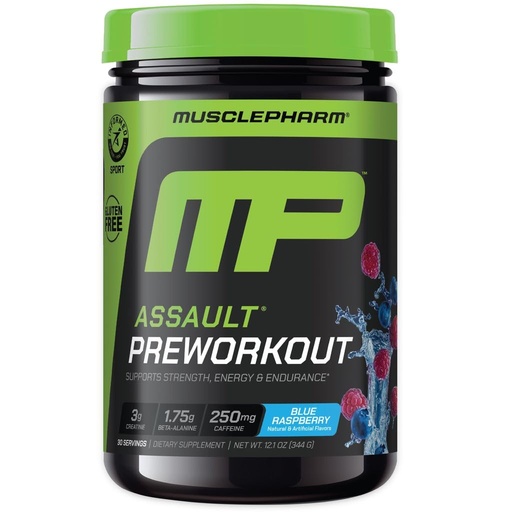 [BRSWKGQBCQAAIA3M] Muscle Pharm Assault Pre Workout Powder for Men & Women - Packed with Beta Alanine, Caffeine, Creatine & Betaine Anhydrous - Endurance & Strength Booster– 30 Servings, Blue Raspberry Flavor