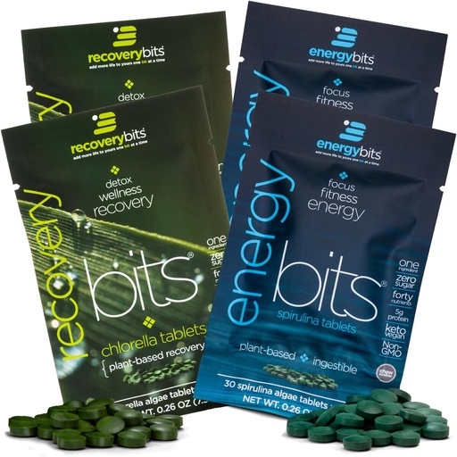 [BRSWKHQ6OINGOGQ7] ENERGYbits/RECOVERYbits - Органічні спіруліни та таблетки Chlorella - Одноразові сервірувальні зразки пакетів - Algae Superfood - Високий протеїн, Chlorophyll - Self Care - Vegan, Keto, Gluten Free - 4 сумки, 30/Bag