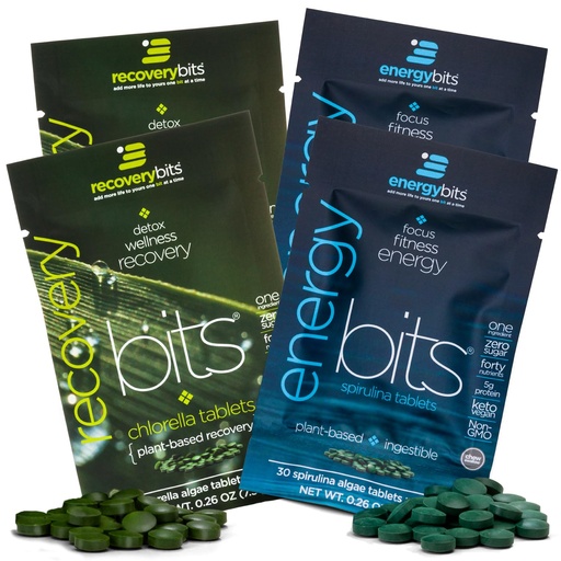 [BRSWKHQ6OINGOGQ7] ENERGYbits/RECOVERYbits - Organic Spirulina & Chlorella Tablets - Single Serving Sample Packs - Algae Superfood - High Protein, Chlorophyll - Self Care - Vegan, Keto, Gluten Free - 4 Bags, 30/Bag