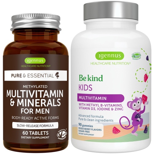 [BRSRAZL2CR6BOA3D] Multivitamin & Minerals for Men + Advanced Kids Multivitamin Gummy Vegan Bundle, with Methylated B-Vitamins, Vitamin A, C, D3 & E, Clean Label, 60 Tablets + 90 Berry Flavor Gummies, by Igennus