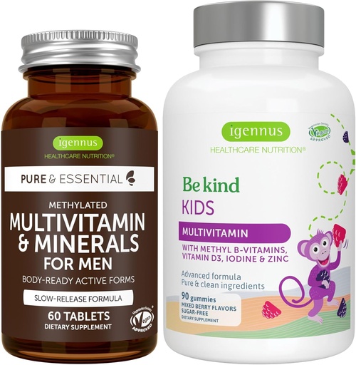 [BRSRAZL2CR6BOA3D] Multivitamina &amp; Minerales para Hombres + Advanced Kids Multivitamin Gummy Vegan Bundle, with Methylated B-Vitamins, Vitamina A, C, D3 &amp; E, Clean Label, 60 Tablets + 90 Berry Flavor Gummies, por Igennus