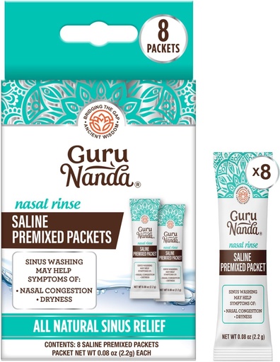 [BRSRYZQECICRO2TD] GuruNanda PreMixed Saline Packets for Nasal Rinse (8 Count), All Natural Sinus Rinse Packets to Help with Allergies & Congestion Relief, 0.08oz Each (Pack of 6)
