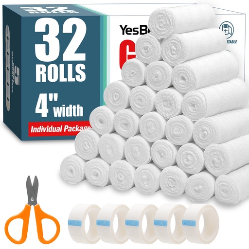 [BRSROATYCN7RMAIY] YesBes 32 Pack Gauze Rolls, 4 in x 4.1 Yards, Premium Gauze Wrap Roll for Wounds, Bandage Wrap Rolled Gauzes, Mummy Wraps, Individually Wrapped