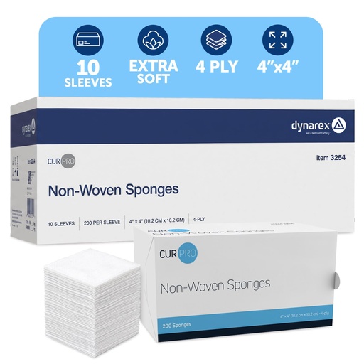 [BRSWI2Q2BJ5BAALO] Dynarex Non-Woven Sponges, Non-Sterile, Gauze Sponges, Highly-Absorbent and with Less Linting, 4"x 4", 4 Ply, 1 Case of 2000 (10 Boxes of 200) [Packaging May Vary] | All-Purpose Highly Absorbent Wound Care Gauze Pads - 10 Boxes per Case, 200 Sponges per Box