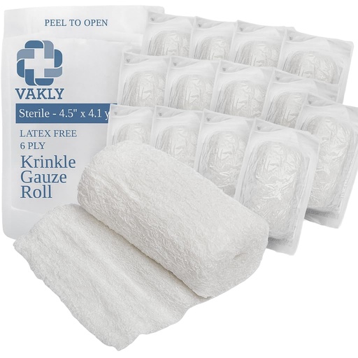 [BRSW2BDRAAPAIF3P] Vakly Sterile Kerlix Krinkle Gauze Rolls 4.5x4.1 yd 6-Ply Cotton, 15 Pack | Highly absorbent, wound dressing, first aid supplies, medical gauze, bandage wrapping, individually wrapped, soft cotton