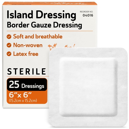 [BRSRAGQFB4PGK2A2] Bordered Gauze Island Dressing 6x6-25 Large Adhesive Bandages for Wound Protection - Good for Hospitals, Medical Facilities, First Aid Kits, and More
