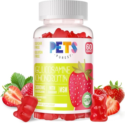 [BRSRAAQRAR5AKCIU] Pets Purest Glucosamine Chondroitin Gummies with MSM & Elderberry Extra Strength - Joint Support, Antioxidant Immune Support Supplement for Adults, Men & Women.Strawberry