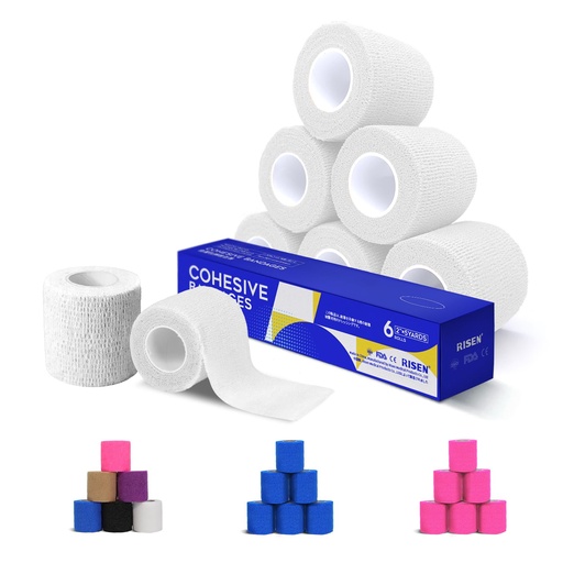 [BRSWGAYROR4AIFI7] RISEN Cohesive Bandage 2” x 5 Yards, 6 Rolls, Self Adherent Wrap Medical Tape, Adhesive Flexible Breathable First Aid Gauze Ideal for Stretch Athletic