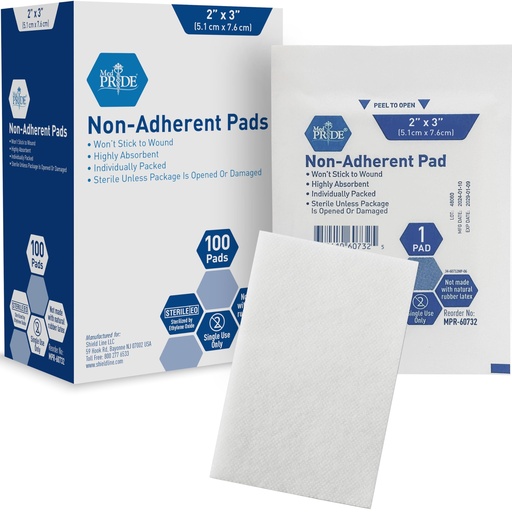 [BRSWGHYTAEHRA332] MED PRIDE Sterile Non Stick Pads for Wounds Non-Adherent Highly Absorbent Painless Removal Individually Wrapped (2x3 Inch (Pack of 100))