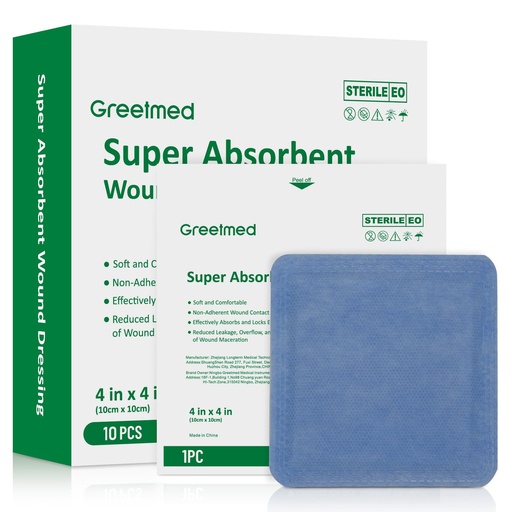 [BRSRE2T3DECAKEQ6] Super Absorbent Wound Dressing 4"x 4" 10 Individual Pack Fast Healing Wound Care Non Stick Bandages Gauze Pads for Surgical Ulcer High Exudating Wounds Burns Lacerations