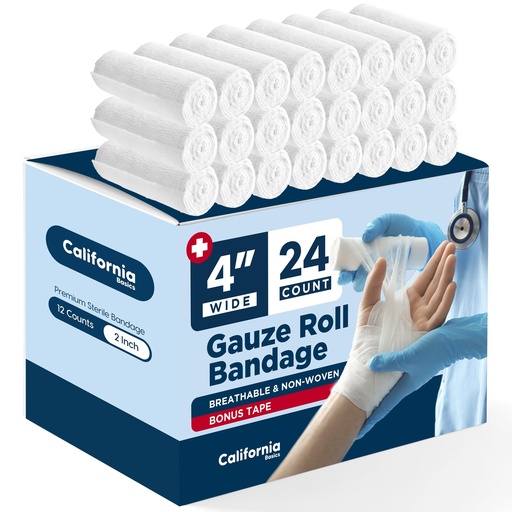 [BRSRAZ3YAADQKALD] California Basics 24-Pack Gauze Bandage Roll with Tape, 4 Inches x 4 Yards - Soft, Stretchable & Breathable Wrap for Wound Care, First Aid & Medical Supplies - White