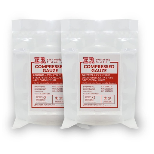 [BRSW2YIDB4BRYFAU] Ever Ready First Aid Compressed Sterile Gauze, 6-Ply Emergency Medical Dressing for First Aid Kits – 4.5” x 4.1 Yards - 2 Pack
