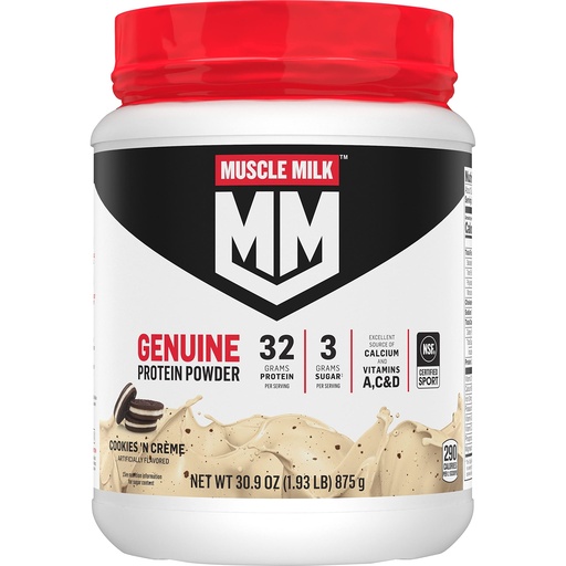 [BRSRMZYFOYIBUFYU] Muscle Milk Genuine Protein Powder, Cookies 'N Crème, 1.93 Pounds, 13 Servings, 32g Protein, 3g Sugar, Calcium, Vitamins A, C & D, NSF Certified for Sport, Energizing Snack, Packaging May Vary