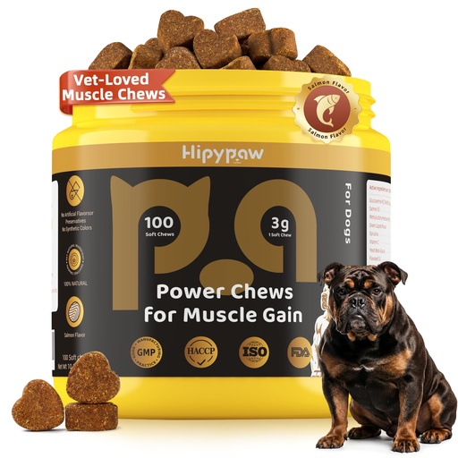 [BRSRGYIODIIAYFLV] 4-in-1 Muscle Gain Chews for Dogs: High Protein Supplement with BCAAs, Glucosamine & Salmon Oil – Premium Muscle Builder for All Breeds, Puppies to Senior – Salmon Flavor Soft Chews, 100 Tabs