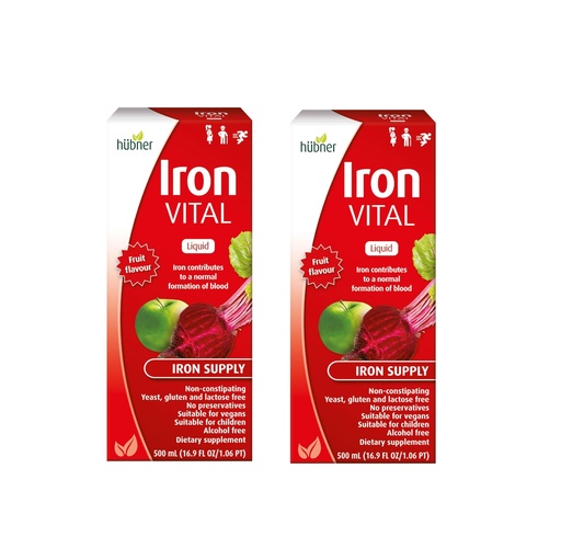 [BRSRGYL7AEFR4336] Hubner Iron Vital Liquid Iron Supply Plus Vitamin C, Dietary Supplement for Adults and Kids, Vegan and Gluten-Free, Fruit Flavor, 500 ml Bottle, 2 Pack