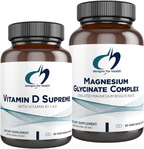 [BRSROGARA56AMC3D] Diseños para Diseños para la Salud Magnesio Complejo Glycinate (60 cápsulas) & Vitamina D Supreme (30 Softgels) - Magnesio de alta absorción con 5000 UI Vitamina D3 y Vitamina K2 / K1 - Hueso, Inmune &amp; Mood