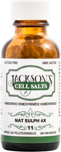 [BRSWGFQHBMGWC33L] Jackson's #11 Cell Salt NAT Sulph 6X (500 Pellet Bottle) – Certified Vegan, Lactose-Free Schuessler Tissue Salt Natrum Sulphuricum 6X