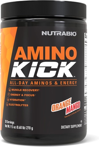 NutraBio Amino Kick - BCAA pulber loodusliku kofeiiniga - aminohapete lisand energia, hüdraadi ja taastumise jaoks - BCAA-d, elektrolüüdid ja aminohapped - oranž mango, 30 serveerimist