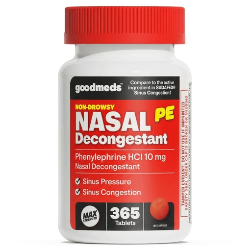 [BRSRGCD3BAIW2CLA] Nasal Decongestant PE Non-Drowsy for Adults | Maximum Strength Phenylephrine HCl 10mg to Relieve Sinus Pressure from Cold or Allergies | Comparable to the Leading Brand | 365 Tablets