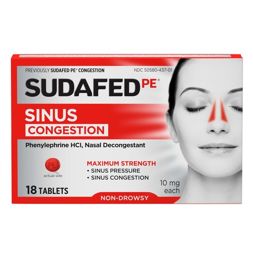 [BRSWKYICC4NR6AD4] Sudafed PE Sinus Congestion Relief Tablets, 10 mg Phenylephrine HCl, 18 ct | Maximum Strength, Non-Drowsy Decongestant for Sinus Pressure & Nasal Congestion Relief from Colds or Allergies