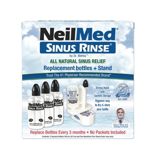[BRSRECT2BAFR4CLP] NeilMed Sinus Rinse Nasal Irrigation Replacement Bottle 3ct with NeilMed NasaDock Plus Drying Stand