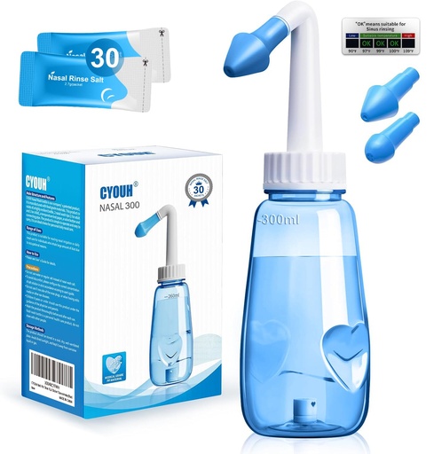 [BRSREGQNPMDQM333] Neti Pot Sinus Rinse Bottle 300 ML with 30 Nasal Wash Salt Packets and Sticker Thermometer Nose Wash Cleaner Pressure Rinse Nasal Irrigation for Adult & Kid BPA Free (Blue)