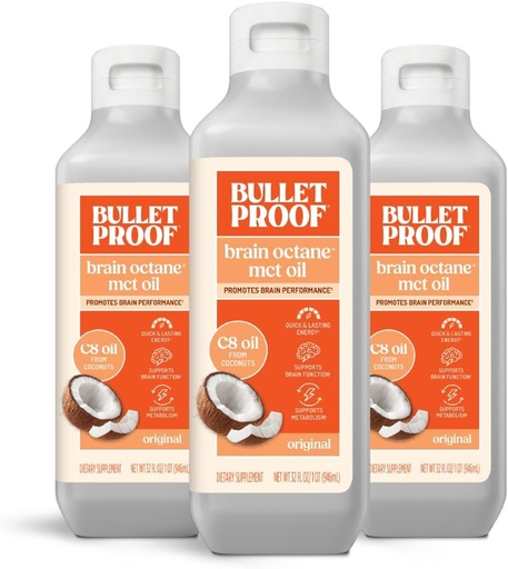 [BRSWGBA6AB7RODQY] Bulletproof Brain Octane C8 MCT Oil, 32 Ounces (Pack of 3), Keto Supplement for Sustained Energy and Craving Support