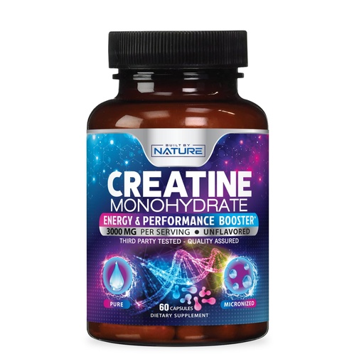 [BRSRAEICDMBRY3Q6] Built by Nature Creatine Monohydrate Pills - Micronized Creatine Supplement for Men & Women - Muscle Strength, Energy, Endurance, and Recovery - Gluten-Free, Vegan, Non-GMO - 60 Capsules