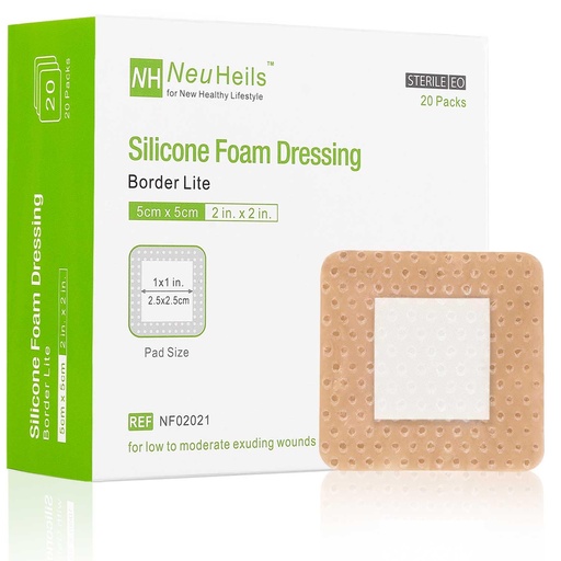 [BRSRAZA6BANQAGQ3] NeuHeils Silicone Foam Dressing Border Lite 2"x2", Pad 1"x1", 20 Pack | Small Pressure Ulcers, Leg Ulcers, Surgical Wounds & Skin Tears | High Absorbency, Painless Removal, Waterproof & Cushioned