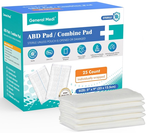 [BRSW2CY7OEPQKFDZ] General Medi Sterile Abdominal Combine Pads - 25 Count 5" x 9" Individually Wrapped Absorbent & Thick Pads