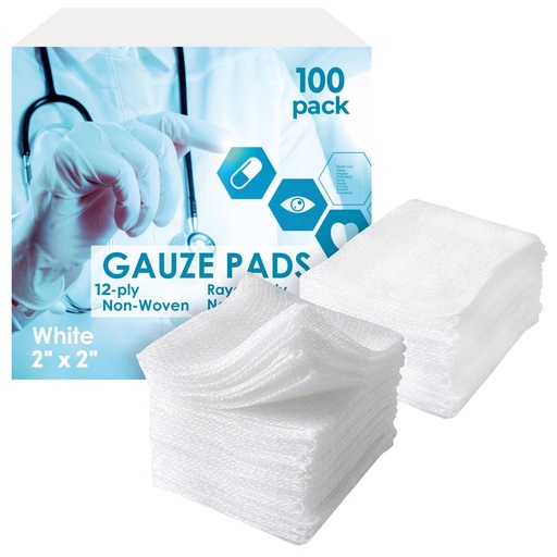 [BRSW2YIZOV6BADTD] EZGOODZ White Cotton Pads Non Sterile, 2 x 2 Inches. 100 Pack Disposable Non Sterile Pads. 12-Ply Absorbent Surgical Pad. Breathable Medical Squares for Injuries, Scratches