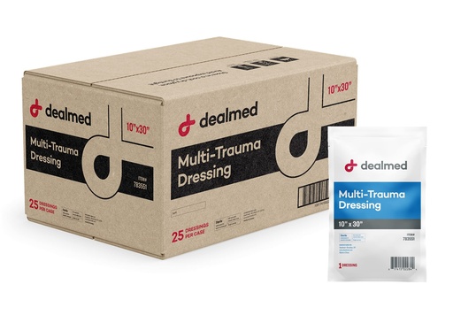[BRSW2BL5AAJRYG32] Dealmed Multi-Trauma Dressing - 10" x 30" Sterile Emergency Pad - 25 Count | Moisture Resistant Barrier, Individually Wrapped, For Burns Lacerations Fractures, Whole Body Use, Emergency First Aid