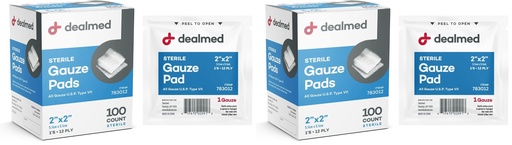 [BRSRY2TYDIDWM3LH] Dealmed 2’’ x 2’’ Sterile Gauze Pads (100 Count) Disposable and Individually Wrapped Medical Gauze Pads, Wound Care Product for First Aid Kit and Medical Facilities (Pack of 2)