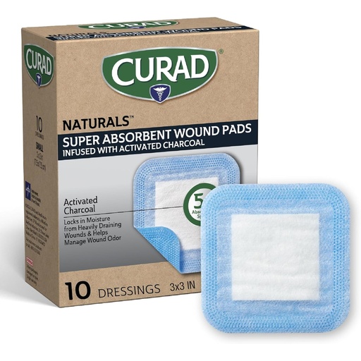 [BRSRAAQFBUBRSE35] CURAD Naturals Charcoal Super Absorbent SAP Wound Pads, 3" x 3", 30 Count | With Activated Charcoal Odor Control, Super Absorbent Polymer, Non Adhesive Pad And Water Repellent Edges