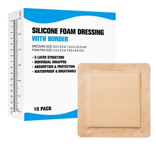 [BRSRGCTQOV5QOHQV] 10 Pack Silicone Foam Dressing with Border, 5x5'' Bandage Pad Wound Care | Waterproof & Self-Adhesive Wound Dressing for Bed Sore,Pressure Ulcers, Leg Ulcer,Burn, Surgical Wound,Abrasion, Skin Tears