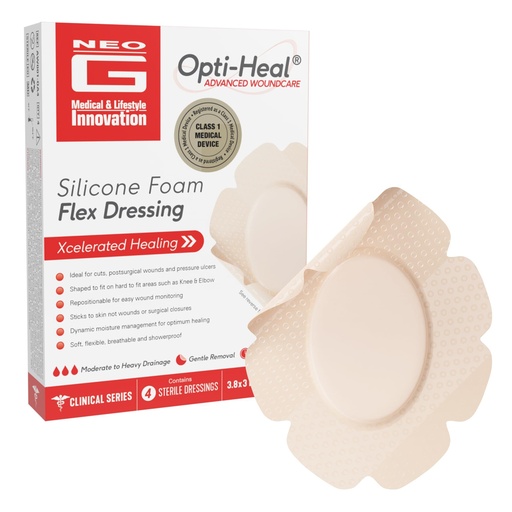 [BRSRGBAHBUIGC23G] Neo G Opti-Heal Silicone Foam Flex Dressing – Absorbent, Adhesive Foam Wound Dressing for Knee Cuts, Elbow Cuts, Post Surgical Wounds & Pressure Ulcers, Gentle Removal, Showerproof – 3.8” x 3” – 4 Pcs