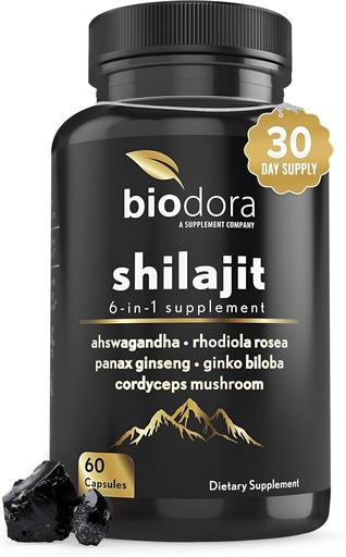 [BRSRA2Q5CMFGY2DU] 6-in-1 Shilajit Supplement 300mg, Mood and Energy Support Supplement with 60mg Pure Ashwagandha, Rhodiola Rosea Panax Ginseng inmmune Support, Memory and Focus, 85+ Trace Minerals, 60 kapsula