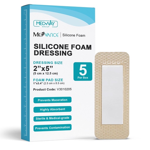 [BRSWGEL7A4IWKD3B] MedVance Silicone Foam Adhesive Dressing with Border, 2"x5", Box of 5 | Sterile And Individually Wrapped - Highly Absorbent & Medical Grade - Promotes Faster Healing - Breathable And Waterproof