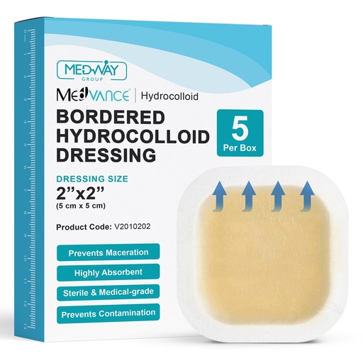 [BRSWGEL5DEIRUET6] MedVance Bordered Hydrocolloid Adhesive Dressing Waterproof, 2"x2" Box of 5 | Sterile And Individually Wrapped - Waterproof Skin-Friendly Adhesive Pads - Easy Apply Hydrocolloid Bandage - Wound Care