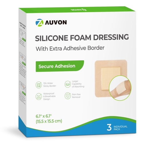 [BRSRAFIQOV6GECD2] AUVON 6" x 6" Silicone Foam Dressing with Large Adhesive Border, 3 Packs | Wound Dressing Pads with High Absorbency, Waterproof for Wound Care & Protection Plus Cushioning, Skin-Friendly, Easy Off