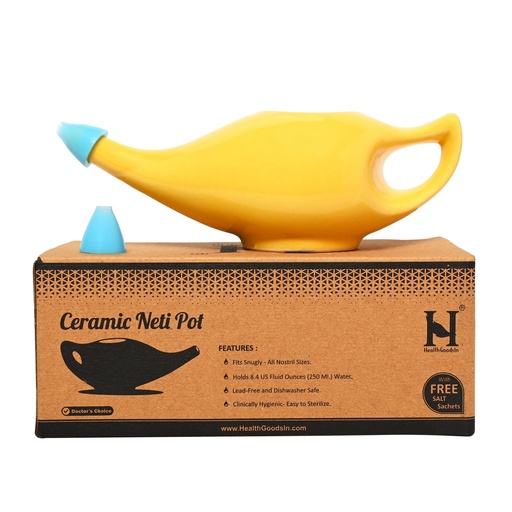 [BRSWECTYA4NBYCLV] HealthGoodsIn Ceramic Neti Pot, Dishwasher Safe, Premium Handcrafted with 2 Silicone Nozzle Tip and Salt for Sinus - 225 Ml. Capacity (Yellow)