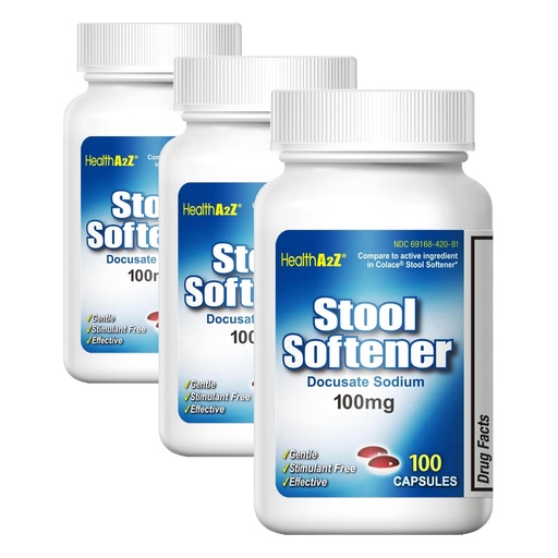[BRSRY2T4PIARE3L3] HealthA2Z® Stool Softener | Docusate Sodium 100mg | Red & White Capsules | Dependable | Gentle Constipation Relief (100 Counts) (Pack of 3)