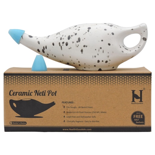 [BRSROAD5AEMAIFD3] HealthGoodsIn Ceramic Neti Pot, Premium Handcrafted Durable, Dishwasher Safe with 2 Silicone Nozzle Tip, 225 Ml. (7.6 FL Oz) Capacity (Dalmatian)
