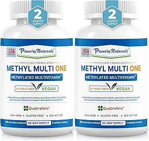[BRSRAEDRDIHGECTP] Power By Naturals Methyl Multi One – Iron-Free Methylated Multivitamin for Men & Women with B12 Methylcobalamin, P5P, Folate (5-MTHF), CoQ10 & Zinc for Energy & MTHFR Support, 60 Capsules (2-PK)