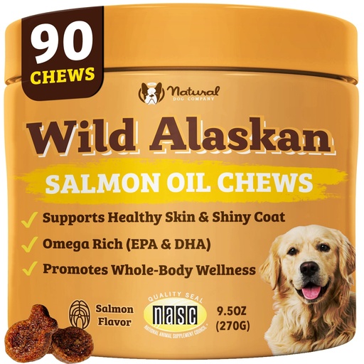 [BRSRACY6AEBRQHLP] Natural Dog Company Wild Alaskan Salmon Chews for Dogs – Fish Oil Supplement with EPA & DHA for Itchy Skin, Coat, Brain, Joints & Immune Health, Daily Omega-3 Chews, 90 Count