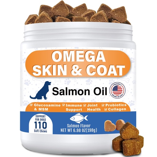 [BRSRGAIPAEJQGFAU] Omega 3 Fish Oil for Dogs - Dog Skin and Coat Chews with EPA DHA, Wild Salmon Oil, Glucosamine, MSM, Collagen- Pet Fish Oil Supplement to Support Gut Joints Heart Eyes Immune, 110 Ct