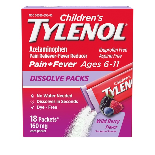 [BRSWGBQFAF5QKFIV] Children's Tylenol Dissolve Packs, 160 mg Acetaminophen, Wild Berry, 18 ct