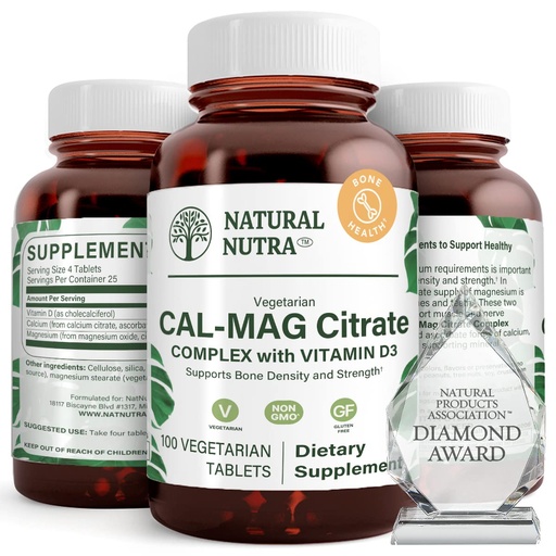 [BRSWKHYRAZ6AAFAV] Natural Nutra Cal-Mag Citrate with Vitamin D3,1000/500 mg Complex, Strengthen Bone Density, Muscle and Nerve Health, Help Maintain Healthy Teeth, Highly Bioavailable Sources, 100 Vegan Tablets