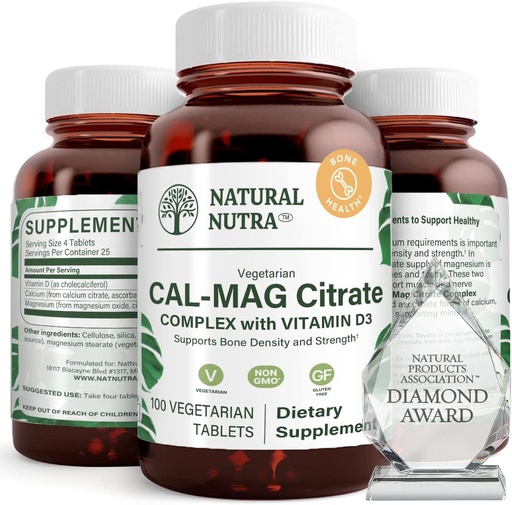 [BRSWKHYRAZ6AAFAV] Natural Nutra Cal-Mag Citrato con vitamina D3,1000/500 mg Complejo, Fortalecer la Densidad de los huesos, el músculo y la salud de los nervios, Ayuda a mantener los dientes saludables, Fuentes altamente biodisponibles, 100 tabletas Veganas