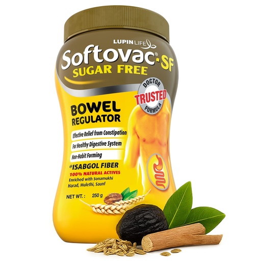 [BRSWGADRB56BGFL3] Softovac Isabgol Fiber Plus+ Formula 250g | Sugar free | Psyllium Husk + Natural Actives | Complete Relief from Constipation, Gentle on Stomach - Natural Bowel Regulator for Adults